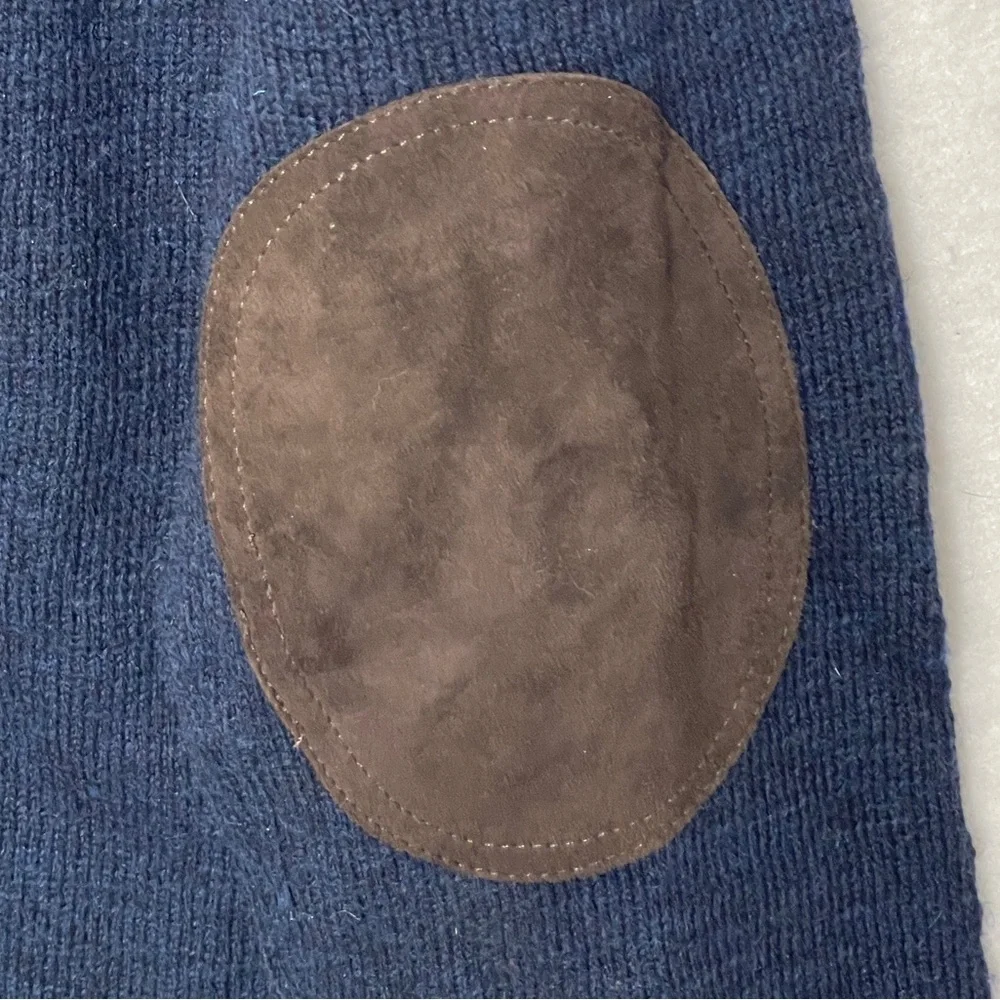 J. Crew Merino Wool Slim Navy Blue Sweater With Brown Leather Elbow Patches XL